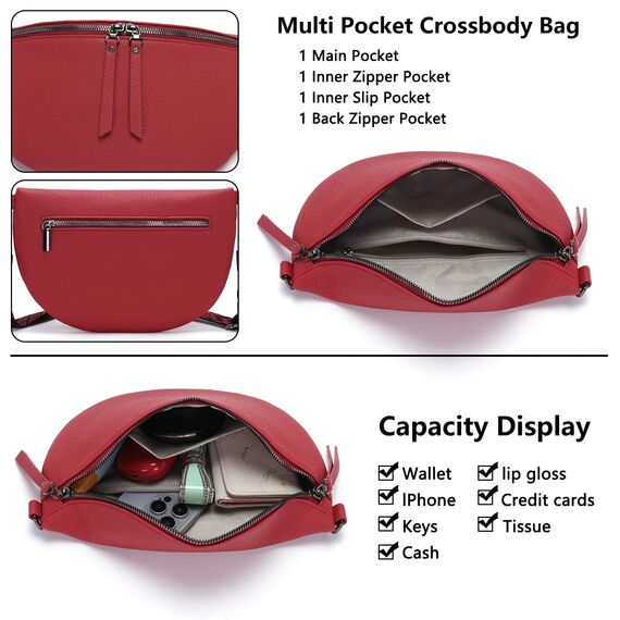 Vezluax 30x20cm umhängetasche Damen Bauchtasche Damen Groß Vegan Leder Crossbody Bag stylisch Gürteltasche Brusttasche Frauen mit breitem Gurt Kirschrot