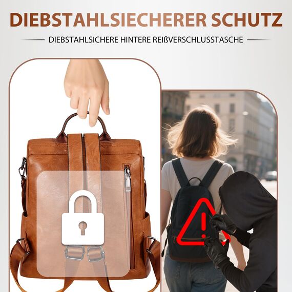 Leathario Rucksakck Damen Wasserdicht,Veganes Leder Cityrucksack,Rucksackhandtasche Mittelgroß, Diebstahlsich Tagesrucksack für Büro,Pendeln,Arbeit,Leicht Elegant Backpack Women Groß für Reise,Braun
