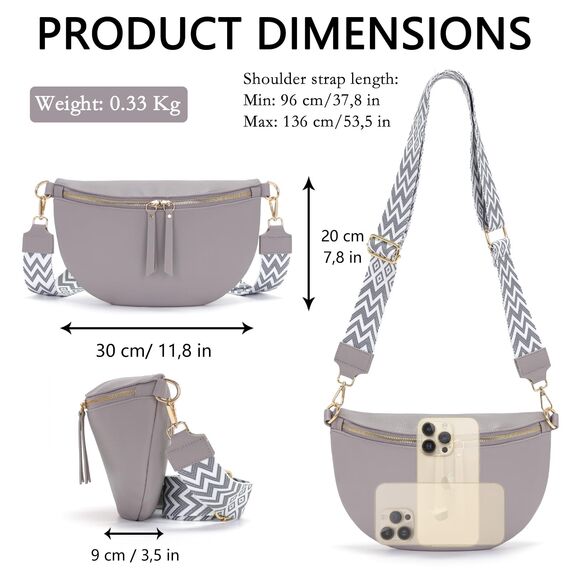 Vezluax 30x20cm umhängetasche Damen Bauchtasche Damen Groß Vegan Leder Crossbody Bag stylisch Frauen mit breitem Gurt Grau