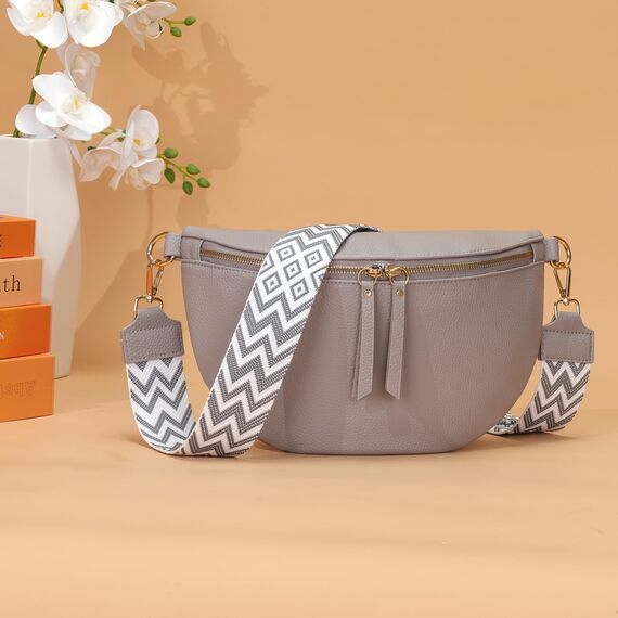 Vezluax 30x20cm umhängetasche Damen Bauchtasche Damen Groß Vegan Leder Crossbody Bag stylisch Frauen mit breitem Gurt Grau