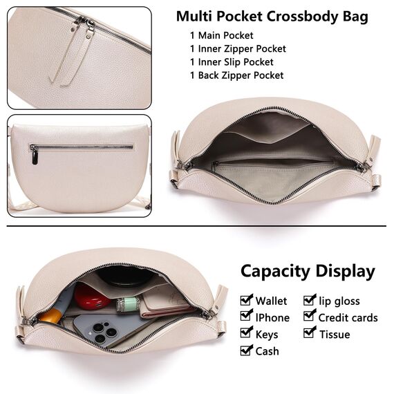 Vezluax 30x20cm umhängetasche Damen Bauchtasche Damen Groß Vegan Leder Crossbody Bag stylisch Gürteltasche Brusttasche Frauen mit breitem Gurt Beige-Silber