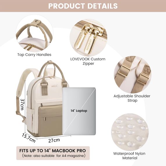 LOVEVOOK Damen Rucksack Mittelgroß, 14 Zoll Schulrucksack Teenager Mädchen Laptop Backpack School Bag Schultasche Arbeitstasche, Wasserdicht Travel Backpack für Reise Uni College, Khaki Beige