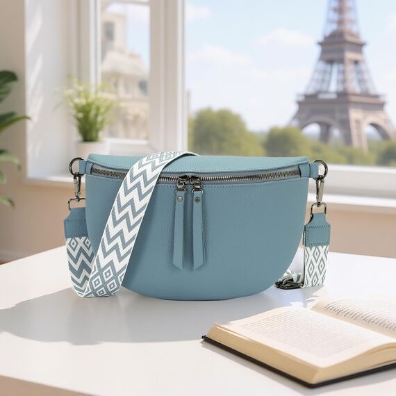 Vezluax 30x20cm umhängetasche Damen Bauchtasche Damen Groß Vegan Leder Crossbody Bag stylisch Gürteltasche Brusttasche Frauen mit breitem Gurt Rauchblau