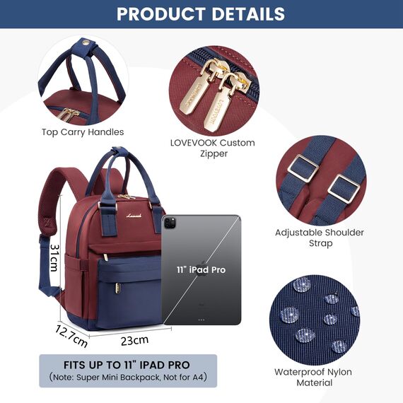LOVEVOOK Rucksack Damen Klein, Wasserdicht Cityrucksack Handtasche 2 in 1, Mini Tasche Daypack Backpack Women Elegant für Freizeit Schule Reisen Arbeit, Marineblau Dunkelrot