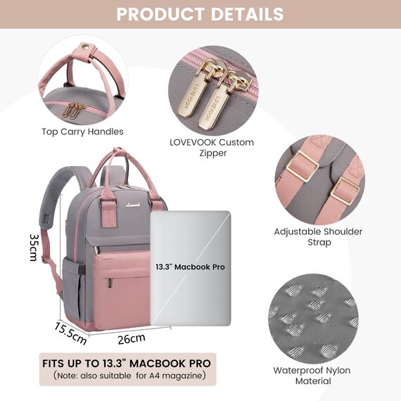 LOVEVOOK 13,3 Zoll Rucksack Damen Klein, Wasserdicht Cityrucksack Handtasche 2 in 1, Mini Tasche Daypack Backpack Women Elegant für Freizeit Schule Reisen Arbeit, Rosa Grau