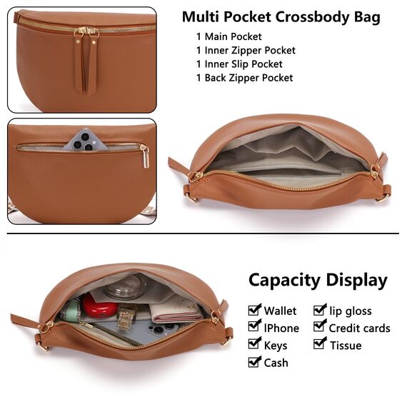 Vezluax 30x20cm umhängetasche Damen Bauchtasche Damen Groß Vegan Leder Crossbody Bag stylisch Frauen mit breitem Gurt Braun
