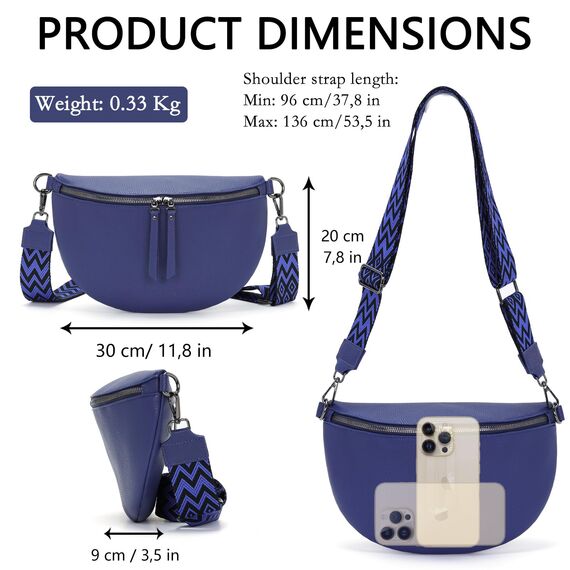 Vezluax 30x20cm umhängetasche Damen Bauchtasche Damen Groß Vegan Leder Crossbody Bag stylisch Frauen mit breitem Gurt Dark Blue