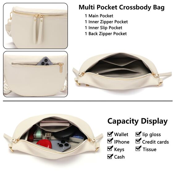 Vezluax 30x20cm umhängetasche Damen Bauchtasche Damen Groß Vegan Leder Crossbody Bag stylisch Muttertags geschenke für frauen mit breitem Gurt BeigeWeiß