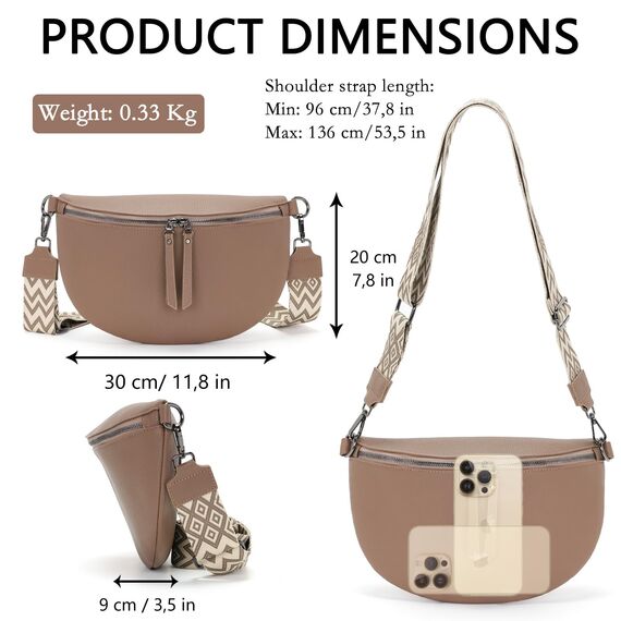 Vezluax 30x20cm umhängetasche Damen Bauchtasche Damen Groß Vegan Leder Crossbody Bag stylisch Frauen mit breitem Gurt Pekannuss