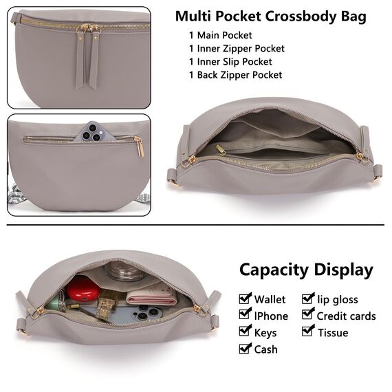 Vezluax 30x20cm umhängetasche Damen Bauchtasche Damen Groß Vegan Leder Crossbody Bag stylisch Frauen mit breitem Gurt Grau