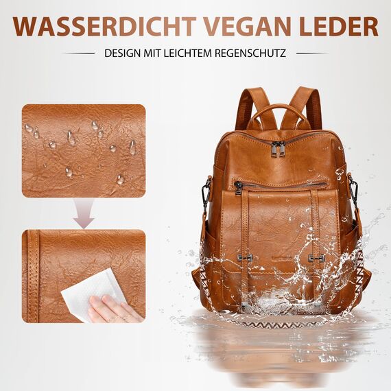 Leathario Rucksakck Damen Wasserdicht,Veganes Leder Cityrucksack,Rucksackhandtasche Mittelgroß, Diebstahlsich Tagesrucksack für Büro,Pendeln,Arbeit,Leicht Elegant Backpack Women Groß für Reise,Braun