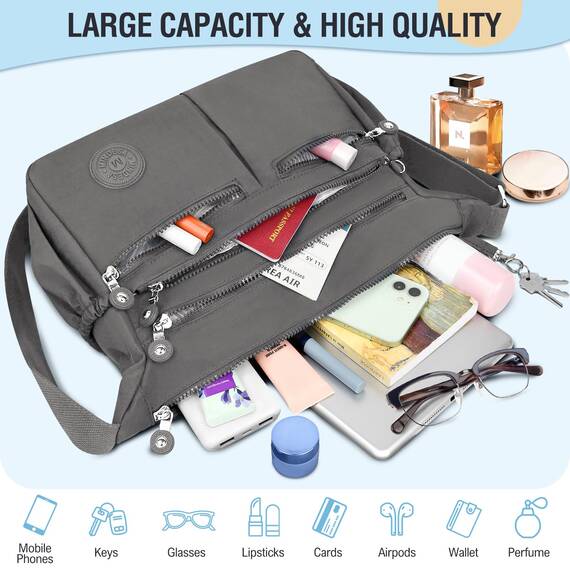 TEUEN Crossbody Bag Damen Große Kapazität Wasserdicht Nylon Umhängetasche Damen Mittelgroß, Casual Handtasche & Leichte Schultertasche Gross Messenger Bag mit Vielen Fächern