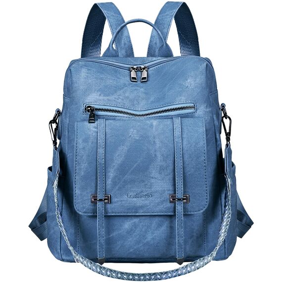 Leathario Rucksakck Damen Wasserdicht,Veganes Leder Cityrucksack,Rucksackhandtasche Mittelgroß, Diebstahlsich Tagesrucksack für Büro,Pendeln,Arbeit,Leicht Elegant Backpack Women Groß für Reise,Blau