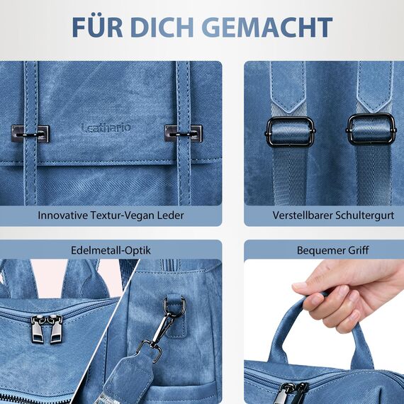 Leathario Rucksakck Damen Wasserdicht,Veganes Leder Cityrucksack,Rucksackhandtasche Mittelgroß, Diebstahlsich Tagesrucksack für Büro,Pendeln,Arbeit,Leicht Elegant Backpack Women Groß für Reise,Blau