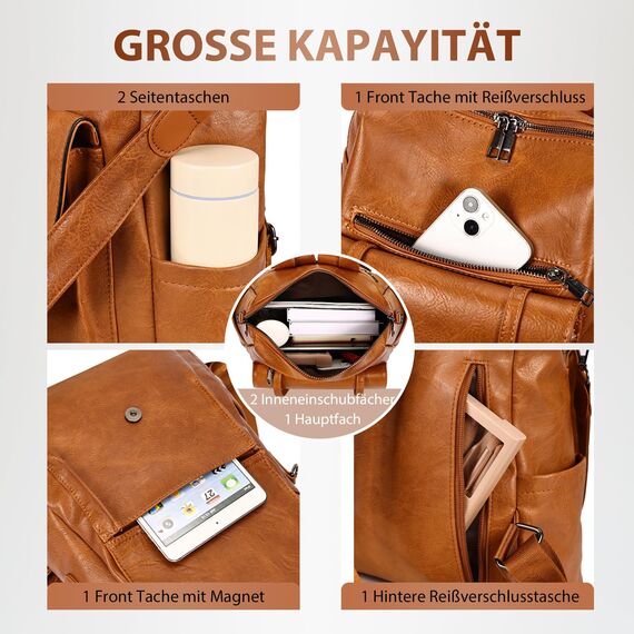 Leathario Rucksakck Damen Set Wasserdicht,Veganes Leder Cityrucksack,Rucksackhandtasche Mittelgroß, Diebstahlsich Tagesrucksack für Büro,Pendeln,Arbeit,Leicht Elegant Backpack Women Groß für Reise