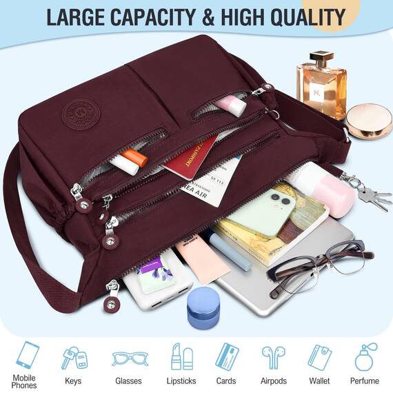TEUEN Crossbody Bag Damen Große Kapazität Wasserdicht Nylon Umhängetasche Damen Mittelgroß, Casual Handtasche & Leichte Schultertasche Gross Messenger Bag mit Vielen Fächern