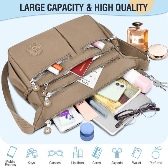 TEUEN Crossbody Bag Damen Große Kapazität Wasserdicht Nylon Umhängetasche Damen Mittelgroß, Casual Handtasche & Leichte Schultertasche Gross Messenger Bag mit Vielen Fächern