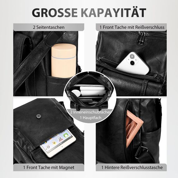 Leathario Rucksakck Damen Set Wasserdicht,Veganes Leder Cityrucksack,Rucksackhandtasche Mittelgroß, Diebstahlsich Tagesrucksack für Büro,Pendeln,Arbeit,Leicht Elegant Backpack Women Groß für Reise