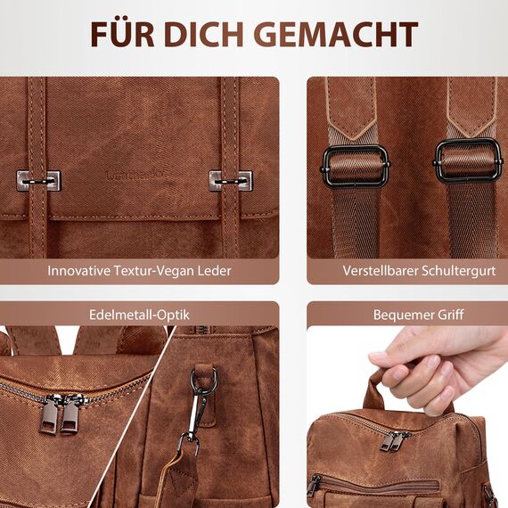 Leathario Rucksakck Damen Wasserdicht,Veganes Leder Cityrucksack,Rucksackhandtasche Mittelgroß, Diebstahlsich Tagesrucksack für Büro,Pendeln,Arbeit,Leicht Elegant Backpack Women Groß für Reise,Braun