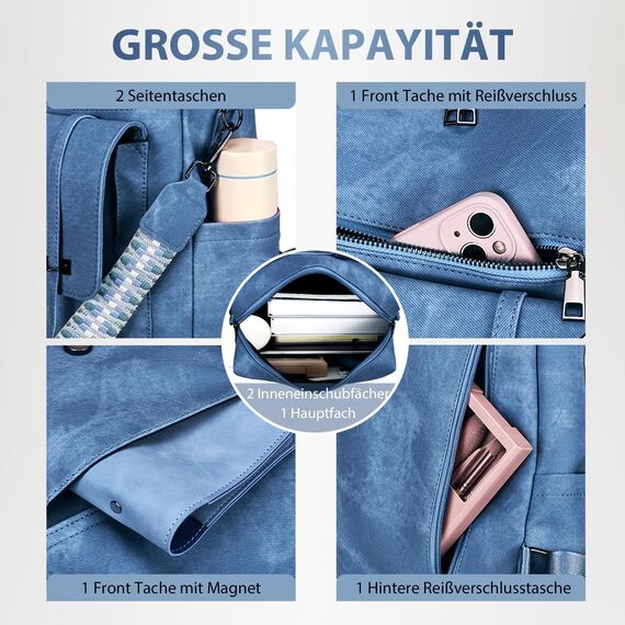 Leathario Rucksakck Damen Wasserdicht,Veganes Leder Cityrucksack,Rucksackhandtasche Mittelgroß, Diebstahlsich Tagesrucksack für Büro,Pendeln,Arbeit,Leicht Elegant Backpack Women Groß für Reise,Blau