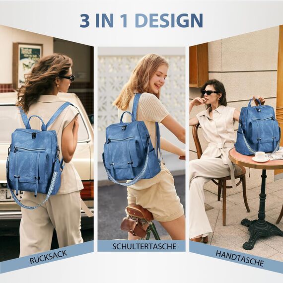 Leathario Rucksakck Damen Wasserdicht,Veganes Leder Cityrucksack,Rucksackhandtasche Mittelgroß, Diebstahlsich Tagesrucksack für Büro,Pendeln,Arbeit,Leicht Elegant Backpack Women Groß für Reise,Blau
