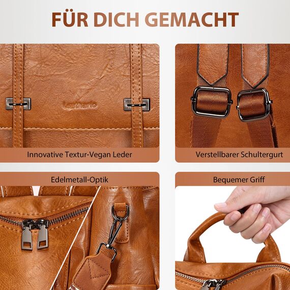 Leathario Rucksakck Damen Wasserdicht,Veganes Leder Cityrucksack,Rucksackhandtasche Mittelgroß, Diebstahlsich Tagesrucksack für Büro,Pendeln,Arbeit,Leicht Elegant Backpack Women Groß für Reise,Braun