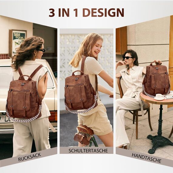 Leathario Rucksakck Damen Wasserdicht,Veganes Leder Cityrucksack,Rucksackhandtasche Mittelgroß, Diebstahlsich Tagesrucksack für Büro,Pendeln,Arbeit,Leicht Elegant Backpack Women Groß für Reise,Braun