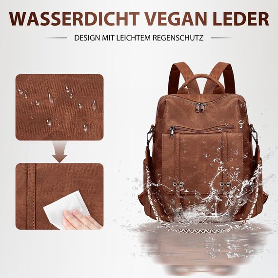 Leathario Rucksakck Damen Wasserdicht,Veganes Leder Cityrucksack,Rucksackhandtasche Mittelgroß, Diebstahlsich Tagesrucksack für Büro,Pendeln,Arbeit,Leicht Elegant Backpack Women Groß für Reise,Braun