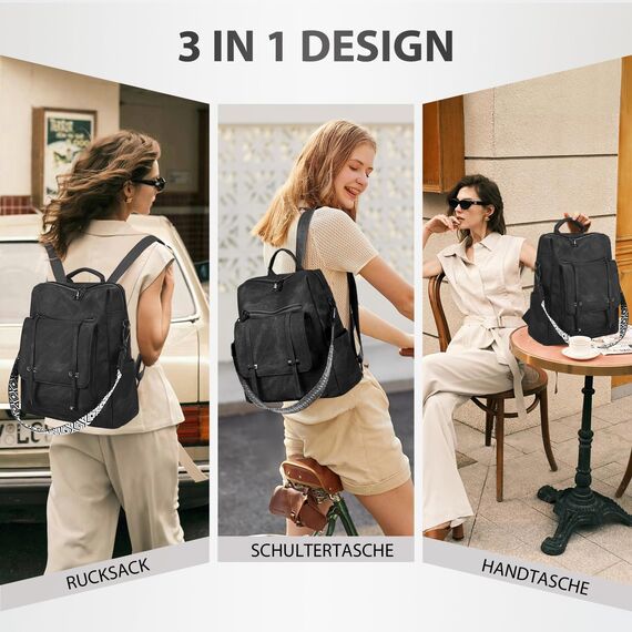 Leathario Rucksakck Damen Set Wasserdicht,Veganes Leder Cityrucksack,Rucksackhandtasche Mittelgroß, Diebstahlsich Tagesrucksack für Büro,Pendeln,Arbeit,Leicht Elegant Backpack Women Groß für Reise