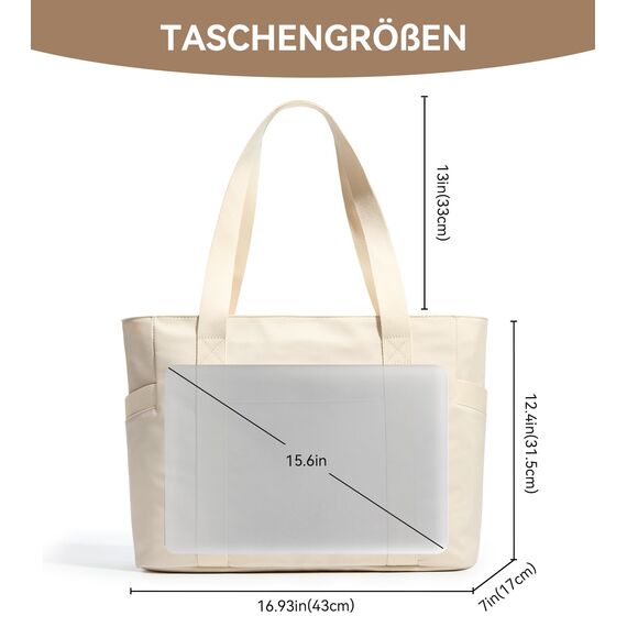 KALIDI Shopper Tasche Damen Groß Handtasche Arbeitstasche Uni Tote Bag Beige für Arbeit, Schule, Büro