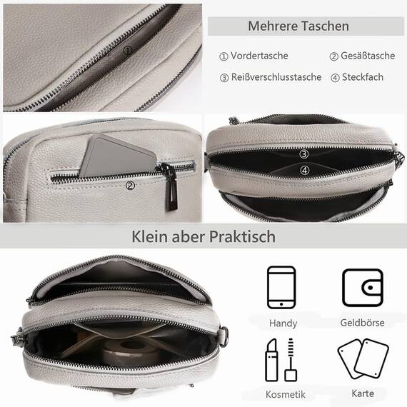 TIAASTAP Damen Umhängetasche Klein Leder Handtasche Crossbody Bag Crossbag Schultertasche Damen Tasche Moderne Taschen mit breitem Schultergurt und 3 Fächern