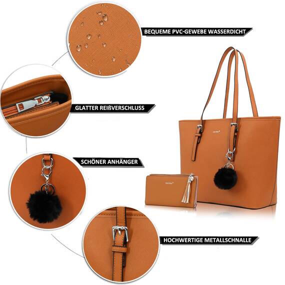 TANTOMI Handtasche Damen Set Tasche Mit Geldbörse für Büro Schule Einkauf Handtasche Damen Groß Mit Quasten Damen und Pelz Kugel Plüsch Schlüsselring