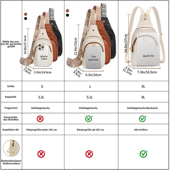 OSOCE Crossbody Damen Klein Brusttasche PU Leder Sling Bag Diebstahlsicher Crossbag Damen Schulterrucksack Vielseitige Umhängetasche für Reisen und mehr in Braun Weiß und Schwarz (Weiß, Extra groß)