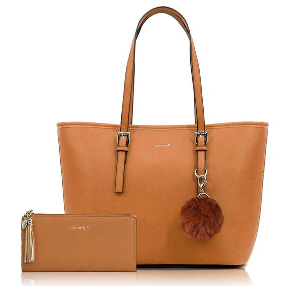 TANTOMI Handtasche Damen Set Tasche Mit Geldbörse für Büro Schule Einkauf Handtasche Damen Groß Mit Quasten Damen und Pelz Kugel Plüsch Schlüsselring