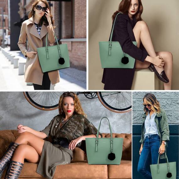 TANTOMI Handtasche Damen Set Tasche Mit Geldbörse für Büro Schule Einkauf Handtasche Damen Groß Mit Quasten Damen und Pelz Kugel Plüsch Schlüsselring