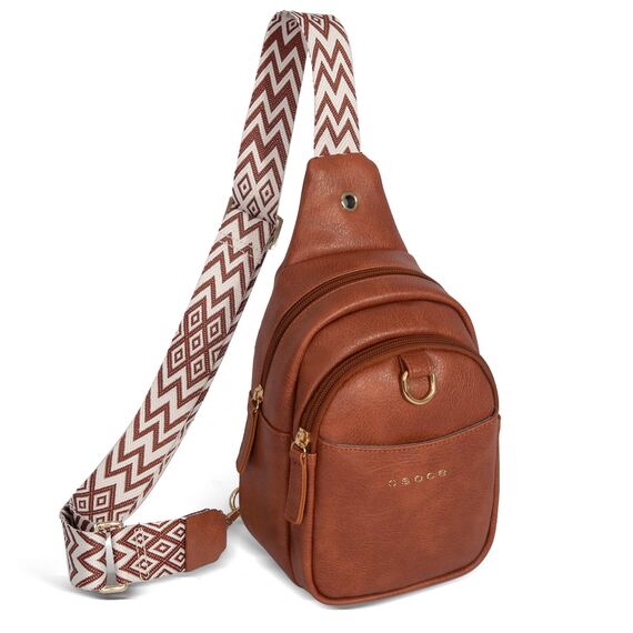 OSOCE Crossbody Damen Klein Brusttasche PU Leder Sling Bag Diebstahlsicher Crossbag Damen Schulterrucksack Vielseitige Umhängetasche für Reisen und mehr in Braun Weiß und Schwarz