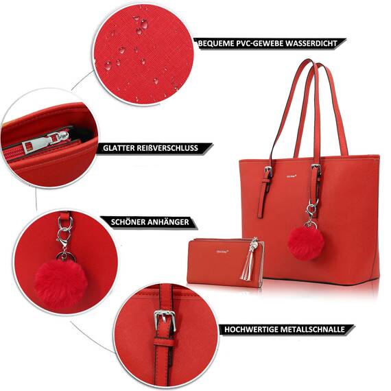 TANTOMI Handtasche Damen Set Tasche Mit Geldbörse für Büro Schule Einkauf Handtasche Damen Groß Mit Quasten Damen und Pelz Kugel Plüsch Schlüsselring