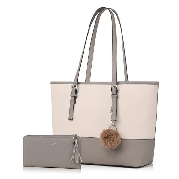 TANTOMI Damen Handtasche Set mit Geldbörse für Büro, Schule, Einkauf - Groß mit Quasten, Pelz, Plüsch und Schlüsselring