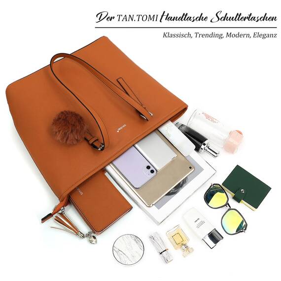 TANTOMI Handtasche Damen Set Tasche Mit Geldbörse für Büro Schule Einkauf Handtasche Damen Groß Mit Quasten Damen und Pelz Kugel Plüsch Schlüsselring