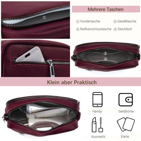 TIAASTAP Damen Umhängetasche Klein Leder Handtasche Crossbody Bag Crossbag Schultertasche Damen Tasche Moderne Taschen mit breitem Schultergurt und 3 Fächern