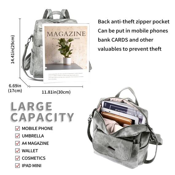 Puwuzixi Frauen Rucksack Wasserdicht Anti-Diebstahl Leichtgewicht PU Mode Reisen Mehrzweck Cabrio Geldbörse Umhängetasche Handtasche Rucksack（Grey）