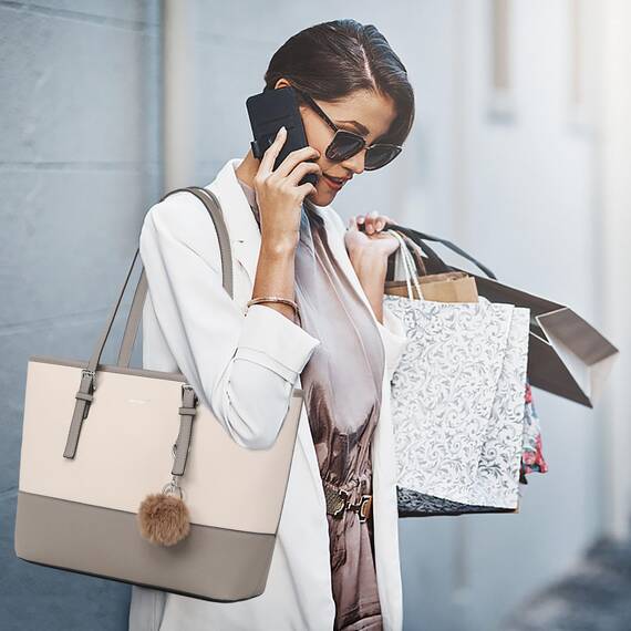 TANTOMI Damen Handtasche Set mit Geldbörse für Büro, Schule, Einkauf - Groß mit Quasten, Pelz, Plüsch und Schlüsselring