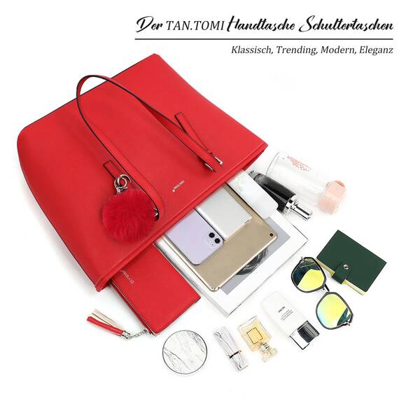 TANTOMI Handtasche Damen Set Tasche Mit Geldbörse für Büro Schule Einkauf Handtasche Damen Groß Mit Quasten Damen und Pelz Kugel Plüsch Schlüsselring