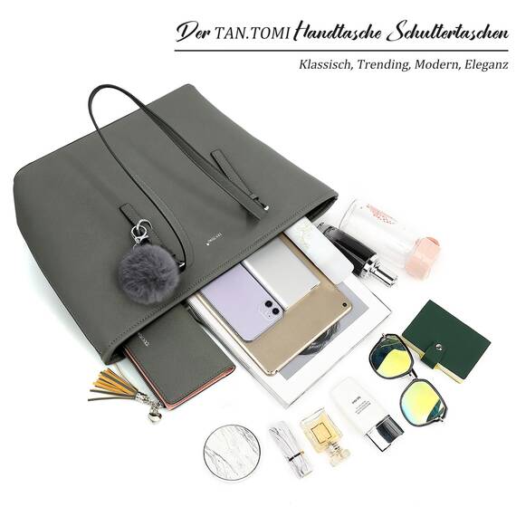 TANTOMI Damen Handtasche Set mit Geldbörse für Büro, Schule, Einkauf - Groß mit Quasten, Pelz, Plüsch und Schlüsselring