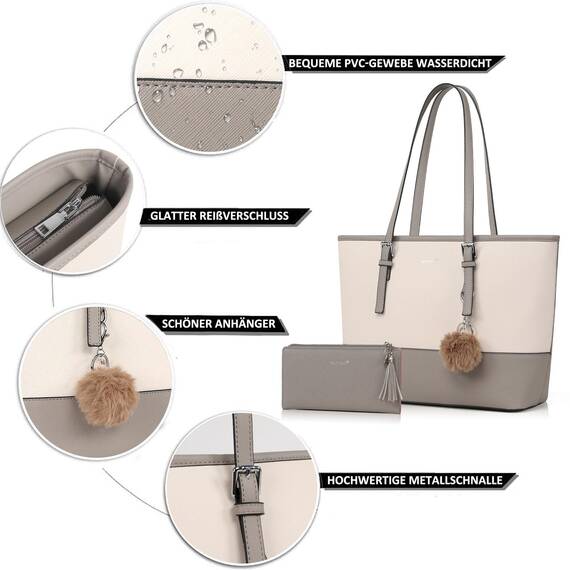TANTOMI Damen Handtasche Set mit Geldbörse für Büro, Schule, Einkauf - Groß mit Quasten, Pelz, Plüsch und Schlüsselring