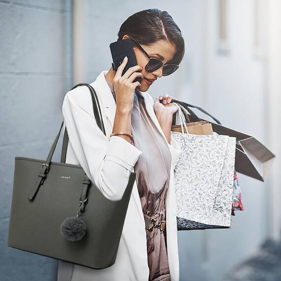 TANTOMI Damen Handtasche Set mit Geldbörse für Büro, Schule, Einkauf - Groß mit Quasten, Pelz, Plüsch und Schlüsselring