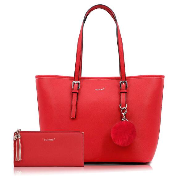 TANTOMI Handtasche Damen Set Tasche Mit Geldbörse für Büro Schule Einkauf Handtasche Damen Groß Mit Quasten Damen und Pelz Kugel Plüsch Schlüsselring
