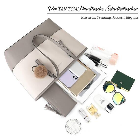 TANTOMI Damen Handtasche Set mit Geldbörse für Büro, Schule, Einkauf - Groß mit Quasten, Pelz, Plüsch und Schlüsselring