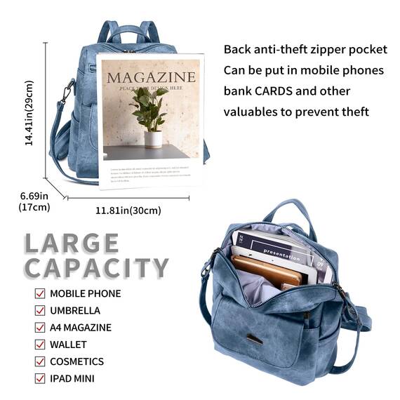 Puwuzixi Frauen Rucksack Wasserdicht Anti-Diebstahl Leichtgewicht PU Mode Reisen Mehrzweck Cabrio Geldbörse Umhängetasche Handtasche Rucksack（Blue）