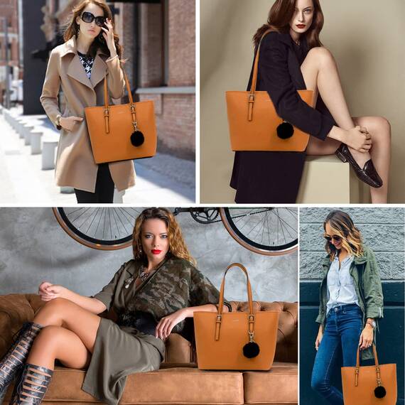 TANTOMI Handtasche Damen Set Tasche Mit Geldbörse für Büro Schule Einkauf Handtasche Damen Groß Mit Quasten Damen und Pelz Kugel Plüsch Schlüsselring